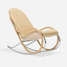 Paul Tuttle, Nonna rocker, 1972, lacquered beechwood, chrome-plated steel, leather, canvas