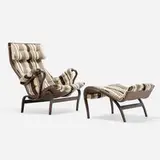 Bruno Mathsson, Pernilla 69 lounge chair and ottoman, stained beech, wool upholstery, nylon mesh, leather, brass