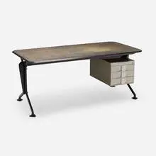 Studio Bbpr, Arco desk, 1963, molded and stained beech plywood, molded plastic, enameled steel