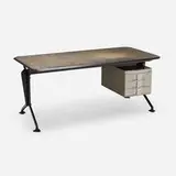Studio Bbpr, Arco desk, 1963, molded and stained beech plywood, molded plastic, enameled steel