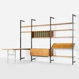 CSS (Comprehensive Shelving System) by George Nelson & Associates, 1959, walnut, enameled and brushed aluminum, polished aluminum, laminate, acrylic, sold Jun 2025