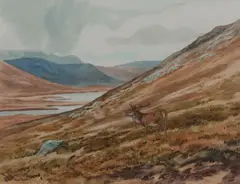 Brian Rawling, Stag in a highland landscape, watercolour