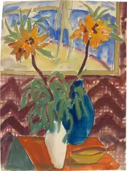 Max Kaus, Vase mit Blumen vor einem Fenster, 1921, Aquarell über Bleistift auf Bütten