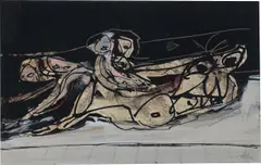 Ohne Titel by Antonio Saura Atarés, 1974, Tusche, Gouache und Farbkreide auf Buchseite aus einem Bildband, sold Apr 2025