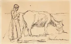 Max Liebermann, Strickende Kuhhirtin, Um 1915, Tuschfeder auf Bütten