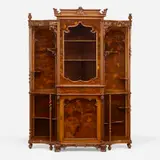 Émile Gallé, Rare marquetry cabinet with thistle, bats, and moths, c. 1900, burl, rosewood, mixed wood inlay, glass, patinated brass