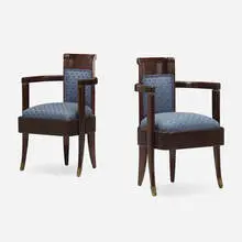 Pierre Patout, Armchairs from the First Class Dining Salon of the SS Normandie, pair, 1934, lacquered mahogany, upholstery, brass
