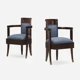 Pierre Patout, Armchairs from the First Class Dining Salon of the SS Normandie, pair, 1934, lacquered mahogany, upholstery, brass