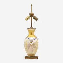 Quezal, Hooked-Feather lamp base, c. 1910, hand-blown glass, gilt metal