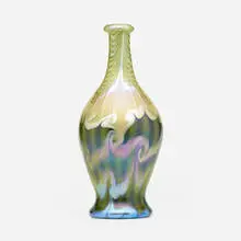 Hooked-Feather vase by Quezal, c. 1910, hand-blown glass, sold Sep 2022