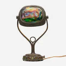 Turtleback desk lamp by Tiffany Studios, c. 1910, patinated bronze, Favrile glass, sold Sep 2022