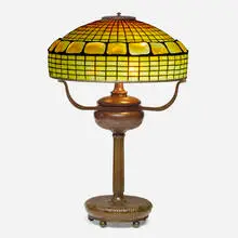 Turtleback Band table lamp by Tiffany Studios, c. 1910, leaded glass, Favrile glass, patinated bronze, sold Sep 2022