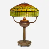 Turtleback Band table lamp by Tiffany Studios, c. 1910, leaded glass, Favrile glass, patinated bronze, sold Sep 2022