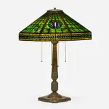 Harvard table lamp by Tiffany Studios, c. 1910, leaded glass, patinated bronze, sold Sep 2022