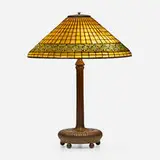Greek Key table lamp by Tiffany Studios, c. 1910, leaded glass, patinated bronze, sold Sep 2022