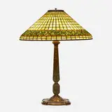 Greek Key table lamp by Tiffany Studios, c. 1910, leaded glass, patinated bronze, sold Sep 2022
