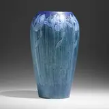 Fine and Large Transitional vase with irises by Sadie Irvine for Newcomb College Pottery, 1909, glazed earthenware, sold Sep 2022