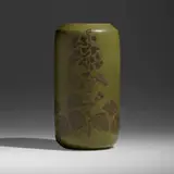 Early vase with stylized hollyhocks by Maude Milner and Sarah Tutt for Marblehead Pottery, 1904-08, glazed earthenware, sold Sep 2022
