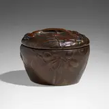 Rare Favrile Bronze Pottery covered vessel with olives by Tiffany Studios, c. 1910, glazed earthenware, electroplated and patinated copper, sold Sep 2022