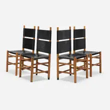 Carlo Scarpa, Kentucky dining chairs, set of four, Italian walnut, saddle-stitched leather, plastic