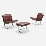 Olivier Mourgue, Joker lounge chairs, pair and ottoman, c.1970, chrome-plated steel, leather