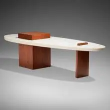 Modern, Coffee table, c. 1955, terrazzo, walnut, brass