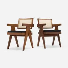 Pierre Jeanneret, Office chairs from Chandigarh, pair, c. 1960, teak, cane, upholstery