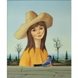 George Garland, Portrait of Girl with hat and blue jay, Oil on canvas, signed lower right