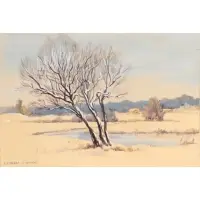 Leonard Ochtman, Winter Pool, Gouache on paper signed