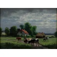 William Frederick Hulk, Cows grazing, Oil on board, signed