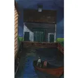 Irving Lehman, WPA Style house at water, unsigned, Gouache framed behind glass