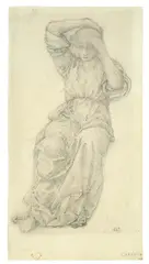 Edward Burne-Jones, Weibliches Modell, sich die Haare bindend, Schwarze Kreide und Rötel auf leicht genarbtem Papier