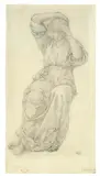 Edward Burne-Jones, Weibliches Modell, sich die Haare bindend, Schwarze Kreide und Rötel auf leicht genarbtem Papier