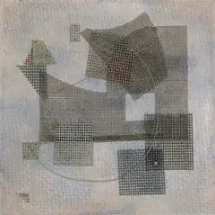 Johann Fruhmann, Materialbild, 1952, Assemblage: Draht, Gitternetz und Nägel auf Hartfaser in einem Künstlerrahmen