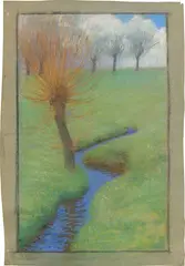 Max Pietschmann, Wiese mit Weide an einem Bach. 1904 (?), Pastell auf bräunlichem Papier
