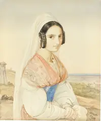 Franz Nadorp, Bildnis der Emilia Giuliani, Um 1839, Aquarell, weiß gehöht, über Bleistift auf Papier, auf Papier aufgezogen
