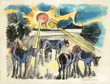 Max Pechstein, Kühe auf der Weide, 1923, Lithographie, aquarelliert, auf dünnem Japanbütten