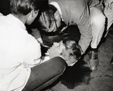 Ron Bennett, Critically wounded. Senator Robert F. Kennedy lies on the floor / Suspect in the shooting of Sen. Robert Kenndey / Hustled to jail, 1968, 3 Vintages. Silbergelatineabzüge