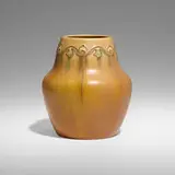 Fine vase with leaves by Frederick Hurten Rhead for Arequipa Pottery, 1912, glazed squeezebag-decorated earthenware, sold Sep 2022