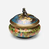 Fairyland Lustre Willow covered box, pattern Z5407 by Daisy Makeig-Jones for Wedgwood, c. 1925, glazed, enameled, and gilt porcelain, sold Sep 2022