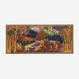 Fairyland Lustre Picnic by a River plaque, pattern Z5158 by Daisy Makeig-Jones for Wedgwood, c. 1925, glazed and gilt porcelain, original frame, sold Sep 2022