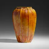 Large flame-painted lamp base by Theophilus A. Brouwer for Middle Lane Pottery, 1901-25, glazed earthenware, sold Sep 2022