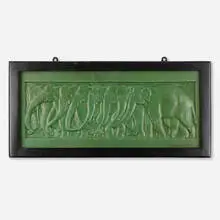 Rare and Large tile with elephants by Russell Crook for Grueby Faience Company, c. 1900, glazed earthenware, sold Sep 2022
