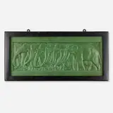 Rare and Large tile with elephants by Russell Crook for Grueby Faience Company, c. 1900, glazed earthenware, sold Sep 2022