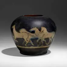 Russell Crook, Large vase with horses and riders, c. 1910, salt-glazed stoneware
