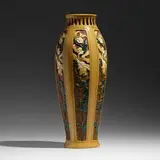 Rare and Tall reticulated Della Robbia vase with wild roses by Frederick Hurten Rhead for Roseville Pottery, 1906-07, glazed earthenware, sold Sep 2022