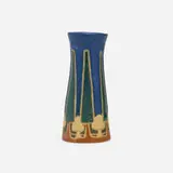 Rare bud vase with stylized cypresses by Frederick Hurten Rhead for University City, 1911, hand-carved and glazed earthenware, sold Sep 2022