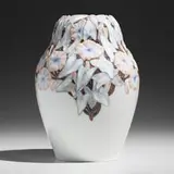 Exceptional reticulated vase with morning glories by Effie Hegermann-Lindencrone and Fanny Garde for Bing & Grøndahl, c. 1905, hand-carved and glazed porcelain, sold Sep 2022