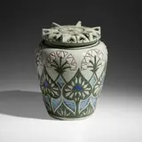 Rare Della Robbia potpourri jar with stylized blossoms by Frederick Hurten Rhead for Roseville Pottery, 1906-07, glazed and carved earthenware, sold Sep 2022