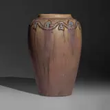 Tall vase with leaves by Frederick Hurten Rhead for Arequipa Pottery, c. 1911-13, glazed squeezebag-decorated earthenware, sold Sep 2022